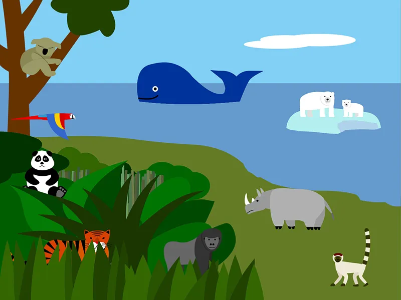 Paisaje natural con animales en peligro de extinción: ballena, oso polar sobre un tempano, koala, guacamayo, oso panda, rinoceronte, tigre, gorila, lemur