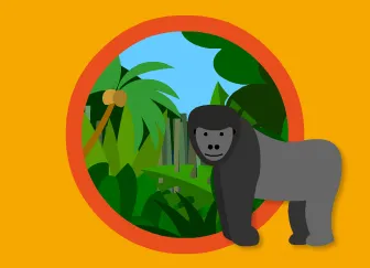 A gorilla in the foreground and a jungle in the background