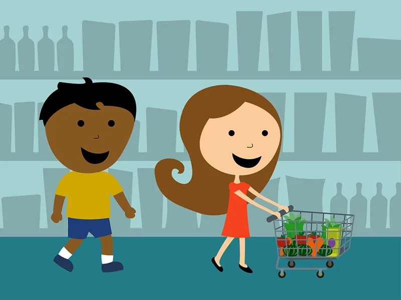 A girl and a boy shopping in a supermarket with a cart.