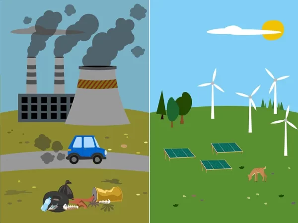 split screen: on the left side a landscape with a factory and a car that pollute, littered garbage, gray sky. On the right side a landscape of a field with flowers and trees, a deer grazing. Wind turbines and solar panels. Clear and sunny sky