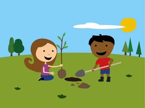 Uma menina e um menino plantando uma árvore em um campo