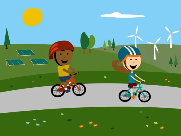 two children riding a bicycle, in the background a flowery field with trees, solar panels and wind turbines