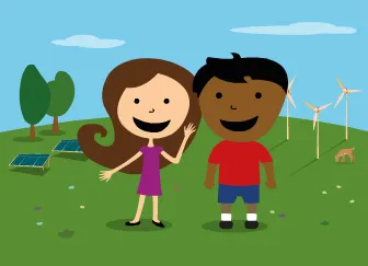 Uma menina e um menino felizes. Ao fundo, um campo com flores e árvores, com painéis solares e turbinas eólicas.